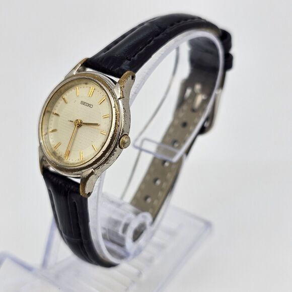 Seiko Women's Watch 24MM Gold Dial Gray Gold Case Black Leather Band New Battery - Picture 3 of 14